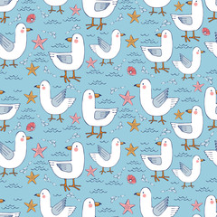 Colorful sea seamless pattern with seagulls, starfish, seashells and waves. Children's cute style. Pattern for summer design in marine style. Vector illustration.