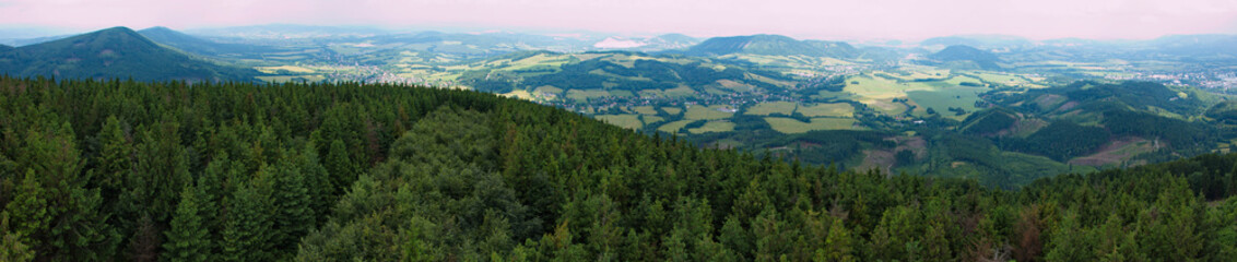 Panoramic view from from the look-out on the summit of Velky Javornik in Beskydy in Czech republic