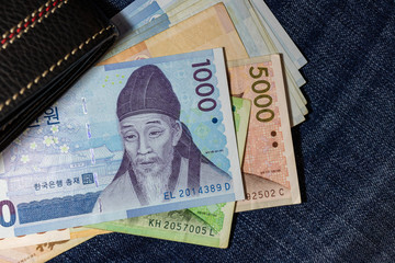 Korean money, Korea Banknote, Korean won on Jean Background.