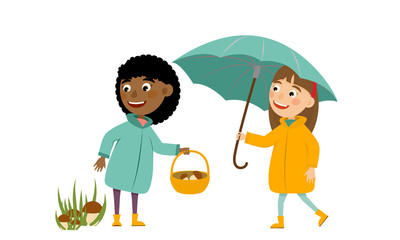 Two girls in autumn clothes and with umbrellas. Mushroom picking. Autumn games and entertainment. Cute Vector Illustration