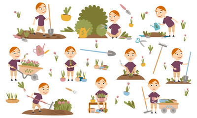 Set redhead boy gardening plants, weed beds, watering seedlings, pruning bushes and trees, working in the garden. People and garden tools. Vector illustration