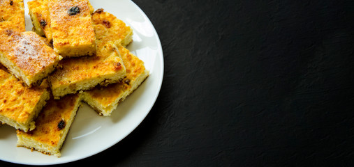 Homemade cottage cheese casseroles with raisin slices