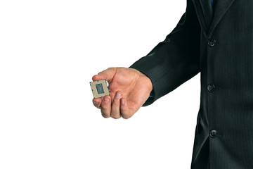 CPU device in the hands of a business man isolated