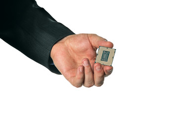 Hand holding a CPU in isolated white blackground