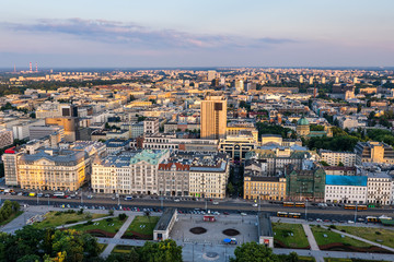 Obraz premium City of Warsaw Aerial View At Sunset