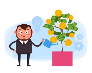 Happy smiling businessman office worker character mascot watering big money tree. Successful business. Vector design graphic flat cartoon illustration