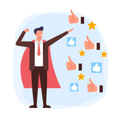 Successful man office worker having many likes button. Vector design graphic flat cartoon illustration