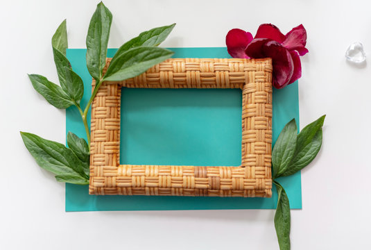 the layout of the frame with peonies on blue background
