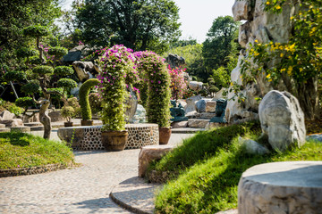 Luxury landscape design of the tropical garden. Beautiful view of tropical landscape