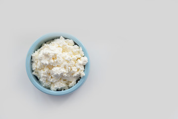 fresh cottage cheese in a blue bowl