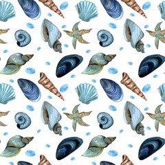 Seashells ocean life seamless pattern