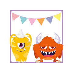 square frame with funny monsters and garlands hanging