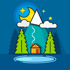 Log Cabin In The Woods Vector Icon Ready For Your Design, Greeting Card