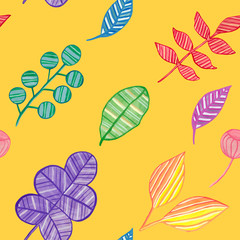 Obraz premium Colorful seamless pattern. Different abstract leaves on a yellow background. Contrast wallpaper.
