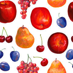 Beautiful hand drawn pattern with apples, pears, grapes, plums, cherries. Fruit organic food seamless pattern. Collection with bright fresh fruits on white background. Textured acrylic drawing.