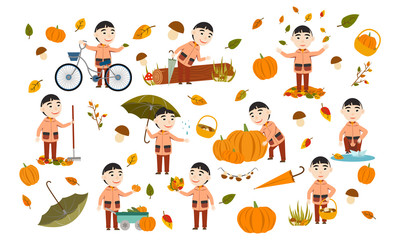 Set Asian boy in an autumn jacket plays with leaves, launches a paper boat, rides a bicycle, carries pumpkins and has fun in the fall. Cute Vector Illustration