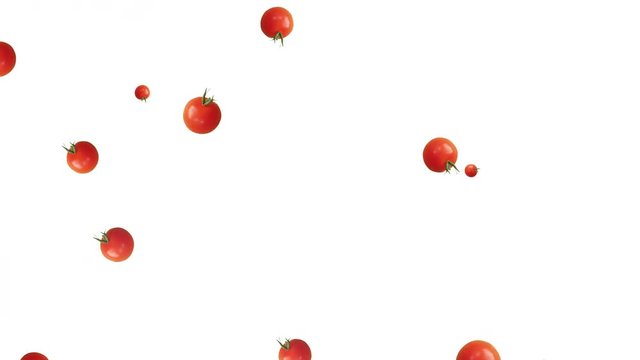 Falling cherry tomatoes on white background with space to insert your text. Health concept
