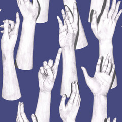 Original abstract seamless pattern. Hand gesture collection illustration, drawing, engraving, pencil, line art. Graphic sketches of beautiful human hands in various poses on blue background.