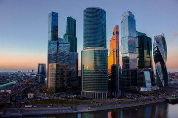 The view of Moscow City skyscrapers from the rooftop, Russia