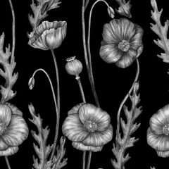 Seamless pattern of monochrome botanical pencil sketches. Flowers, leaves and capsule of poppy on a black background. Vintage style. For wrappers, wallpapers, postcards, wedding invitations, etc.
