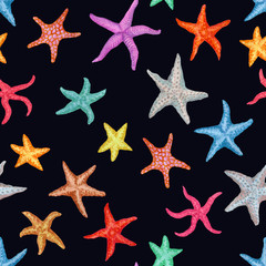 Fototapeta na wymiar Hand painted seamless pattern. Watercolor vintage ocean background. Original hand drawn illustration. Marine design. Tropical starfish texture.
