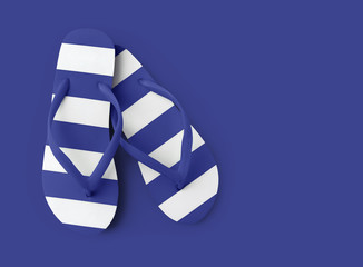 Top view of summer beach blue flip flop isolated on blue background sea holiday vacation and travel...