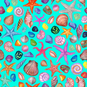 Colored summer seamless wallpaper. Watercolor sketches of starfishes, seashells, mollusks and colored stones. Beautiful sea wallpaper. Hand painted seashells pattern.