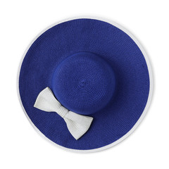 top view summer beach round straw blue hat with white bow isolated on white background