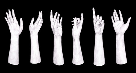 Hand gesture collection illustration, drawing, engraving, pencil, line art. Graphic sketches of human hands. Pencil drawing of three pairs of hands in different poses.