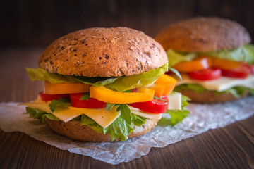 Delicious andwiches with cheese, lettuce, vegetables and arugola on dark background