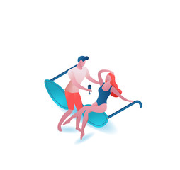 Fototapeta premium Couple drinking cocktail, summer party people, sunglasses, romantic woman in swimsuit and man, holiday concept, 3d isometric vector illustration