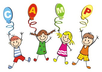summer camp, happy kids and balloons, vector funny illustration