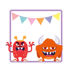 square frame with funny monsters and garlands hanging