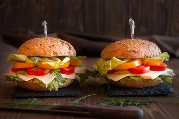 Delicious andwiches with cheese, lettuce, vegetables and arugola on dark background