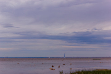 The Gulf of Finland. View from Peterhof to Petersburg. New building Lakhta Center visible on the horizon