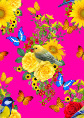 Fototapeta na wymiar Seamless floral pattern. blue bird sits on a branch of bright red flowers, yellow roses, green leaves, beautiful butterflies.