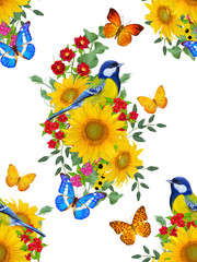 Seamless floral pattern. blue bird sits on a branch of bright red flowers, yellow sunflowers, green leaves, beautiful butterflies.
