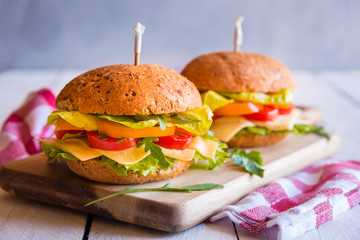 Delicious sandwiches with cheese, lettuce, vegetables and arugola on white background