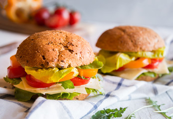 Delicious sandwiches with cheese, lettuce, vegetables and arugola on white background