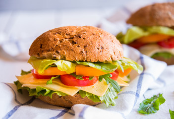 Delicious sandwiches with cheese, lettuce, vegetables and arugola on white background
