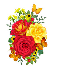 Flower composition. A bouquet of yellow, red, crimson roses, bright little flowers, green leaves, beautiful orange butterflies. Isolated on white background.