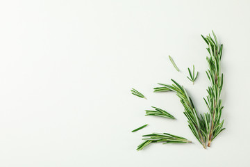 Flat lay composition with rosemary on white background, space for text