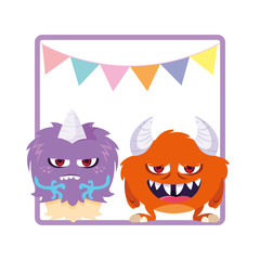 square frame with funny monsters and garlands hanging