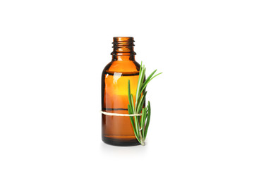 Rosemary oil in jar isolated on white background