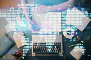 International business hud over woman's hands writing background. Concept of hard work. Double exposure