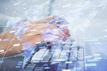 Multi exposure of tech drawings with man working on computer background. Concept of innovation.