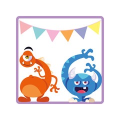 square frame with funny monsters and garlands hanging