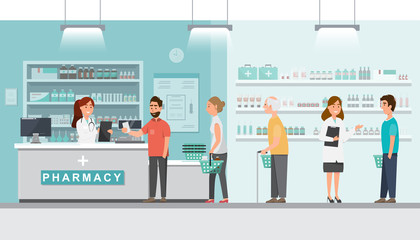pharmacy with pharmacist and client in counter - obrazy, fototapety, plakaty