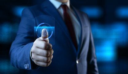 Fingerprint scan provides security access with biometrics identification. Business Technology Safety Internet Concept