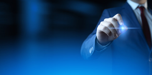 Businessman pressing button. Innovation technology internet business concept. Space for text